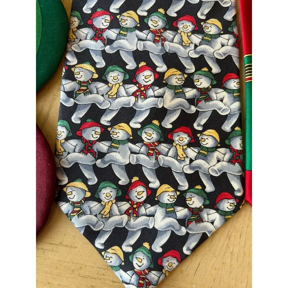 VTG Holiday Christmas Silk Ties Santa Snowmen Ornaments Red Green Necktie Lot 3
